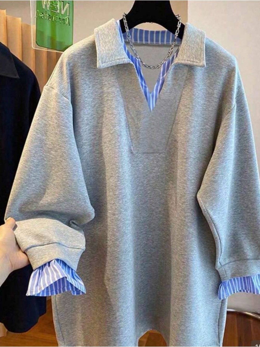 Gray Pullover with Blue Striped Accents